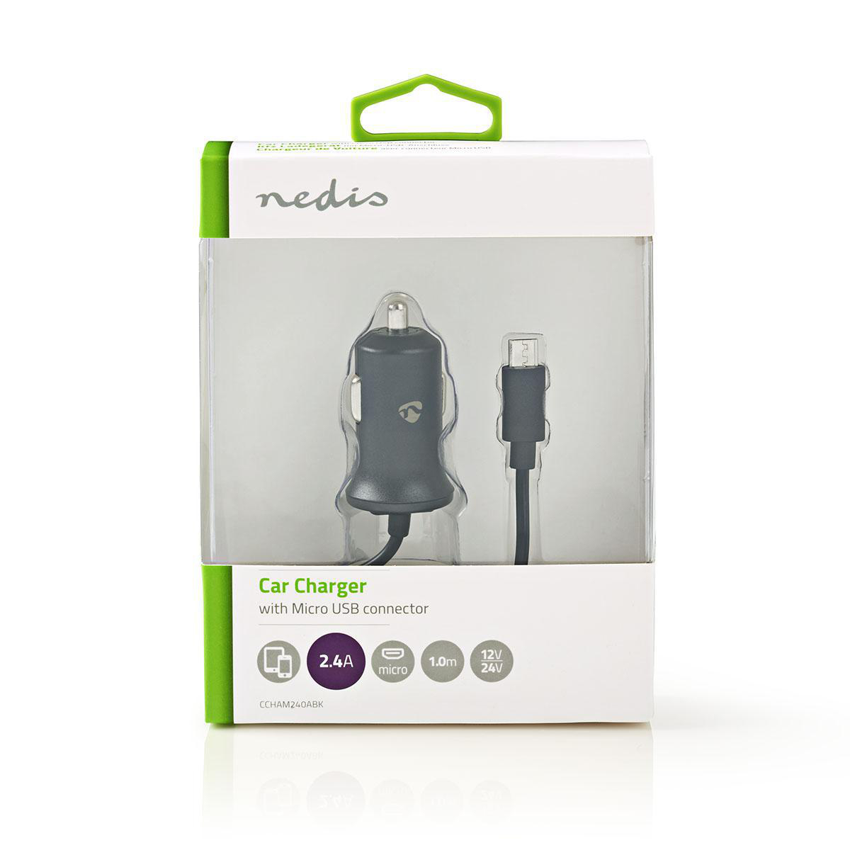 Auto-oplader | 2,4 A | Vaste kabel | micro-USB | Zwart