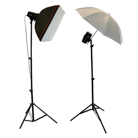 Complete fotostudio met softboxen, paraplu, statieven en lampen